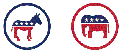 Th Demoratic party symbol is a donkey; the Repulican party symbol is an elephant.