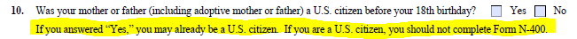 Part 2, Item 10 US citizen parent