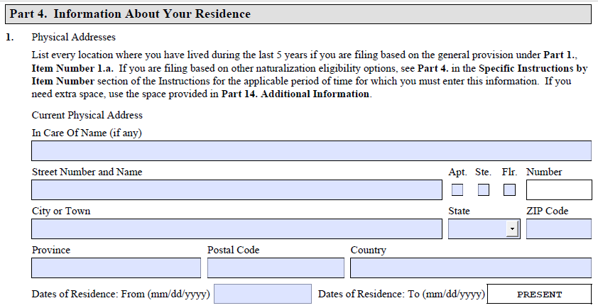 Part 4, Item 1 residential address